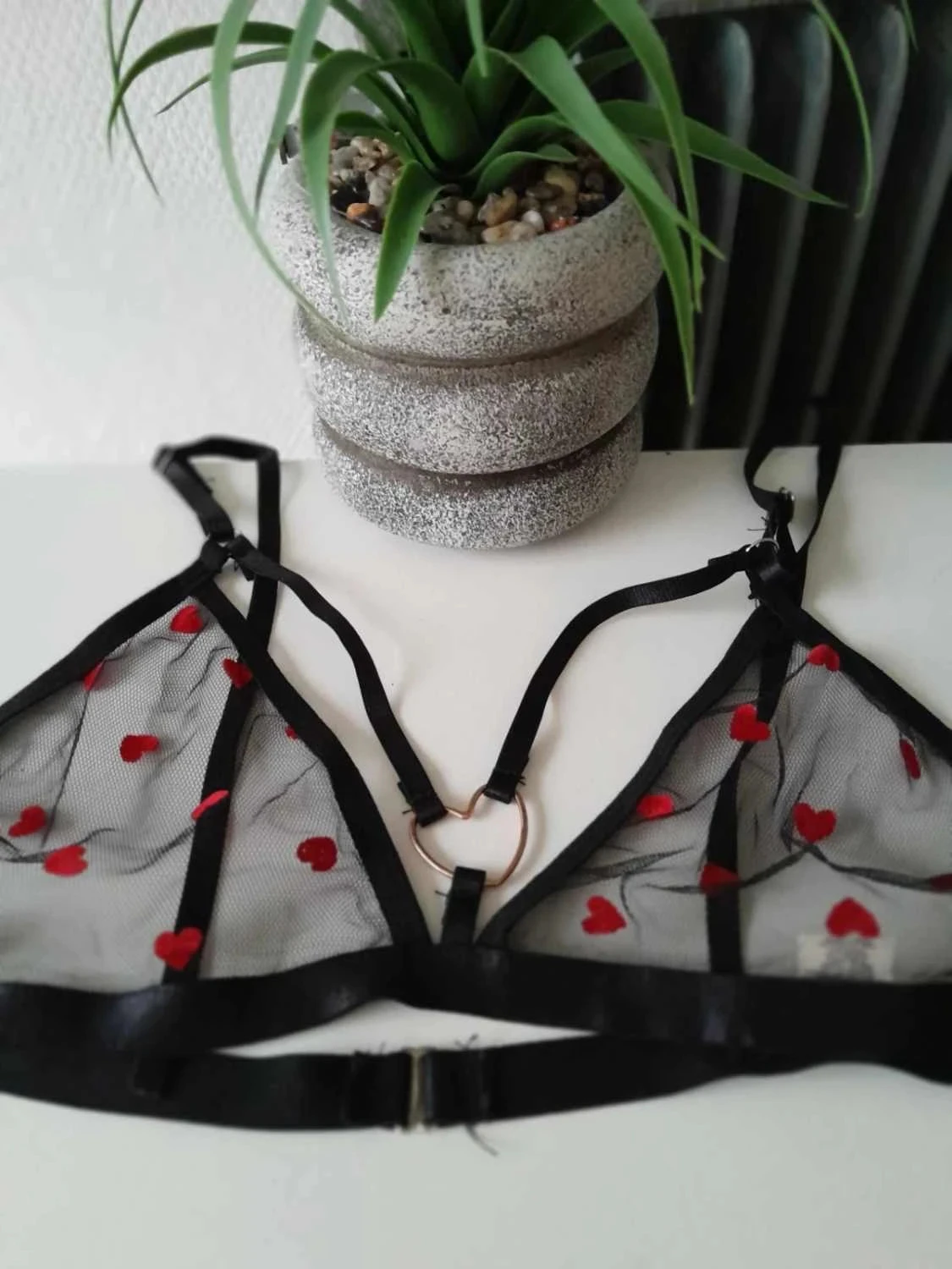 Soutien gorge pour femme, noir avec coeurs, taille M